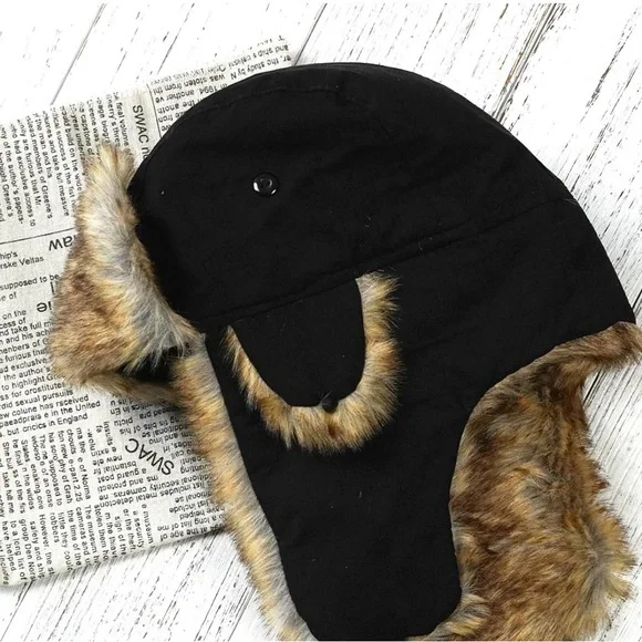 Trapper’s Black and Brown Fur-Lined Winter Hat by 4K in Black NWOT - Picture 2 of 6